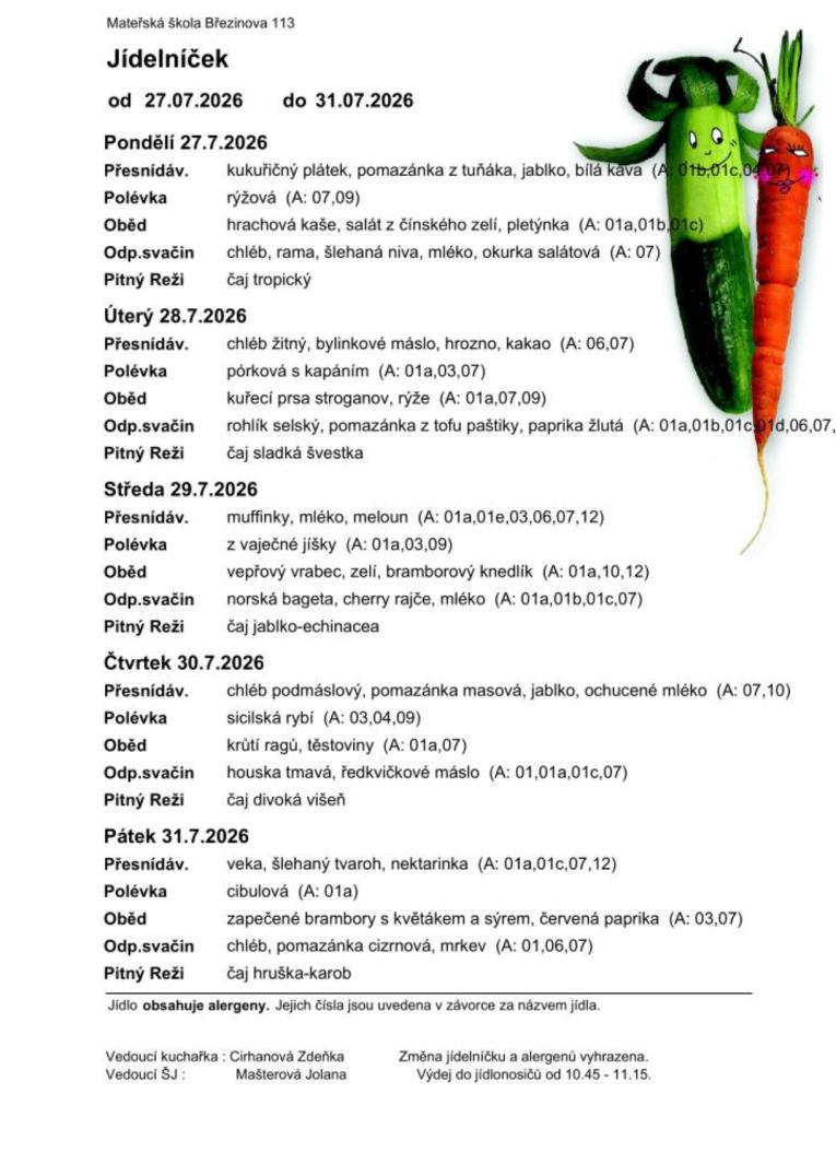 Jídelníček 27.7. - 31. 7. 2026 Jídelníček 27.7. - 31. 7. 2026